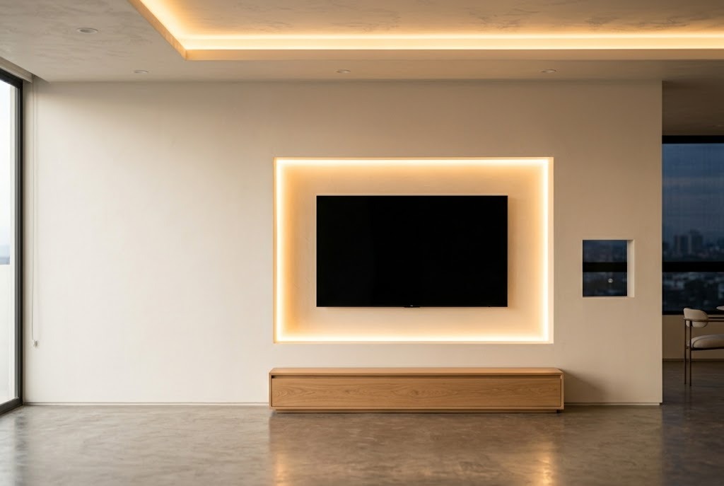 Mueble TV de pladur a medida con tira LED perimetral en Arona